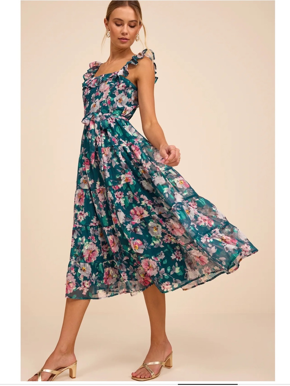 NWT Lulu’s Shela Teal Floral Jacquard Tiered Midi Dress XXL Romantic Gardengirl - Picture 6 of 13